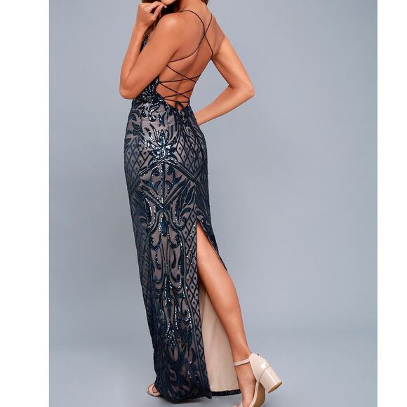 LULUS NWOT Ruby Navy Blue Sequin Lace-Up Maxi Ball Gown Slit Open Back Dress XS - Picture 2 of 11